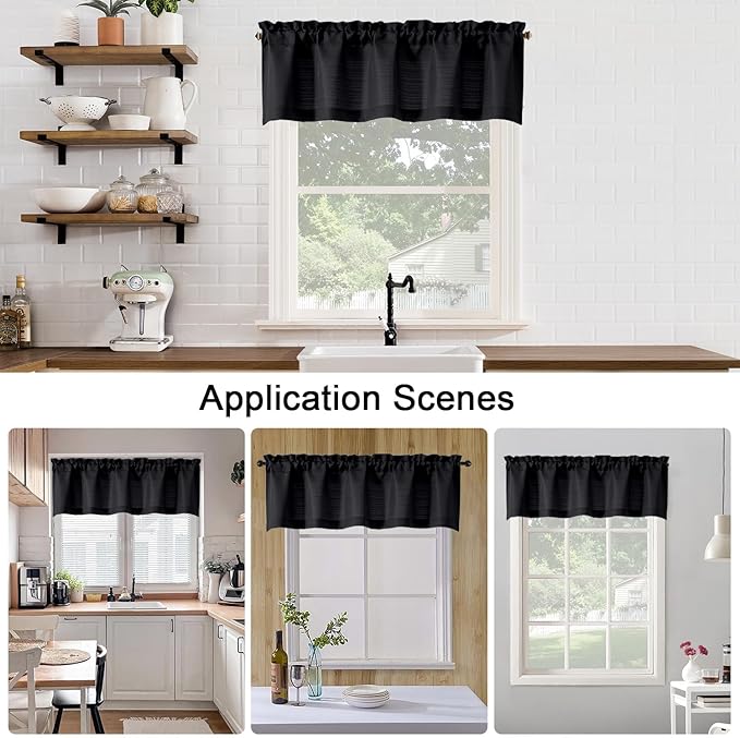 Chyhomenyc Black Valance for Windows, Faux Linen Slub Textured Small Kitchen Window Valance Curtain for Living Room Bathroom Cafe Laundry Basement, 30Wx14L inch, 2 Piece