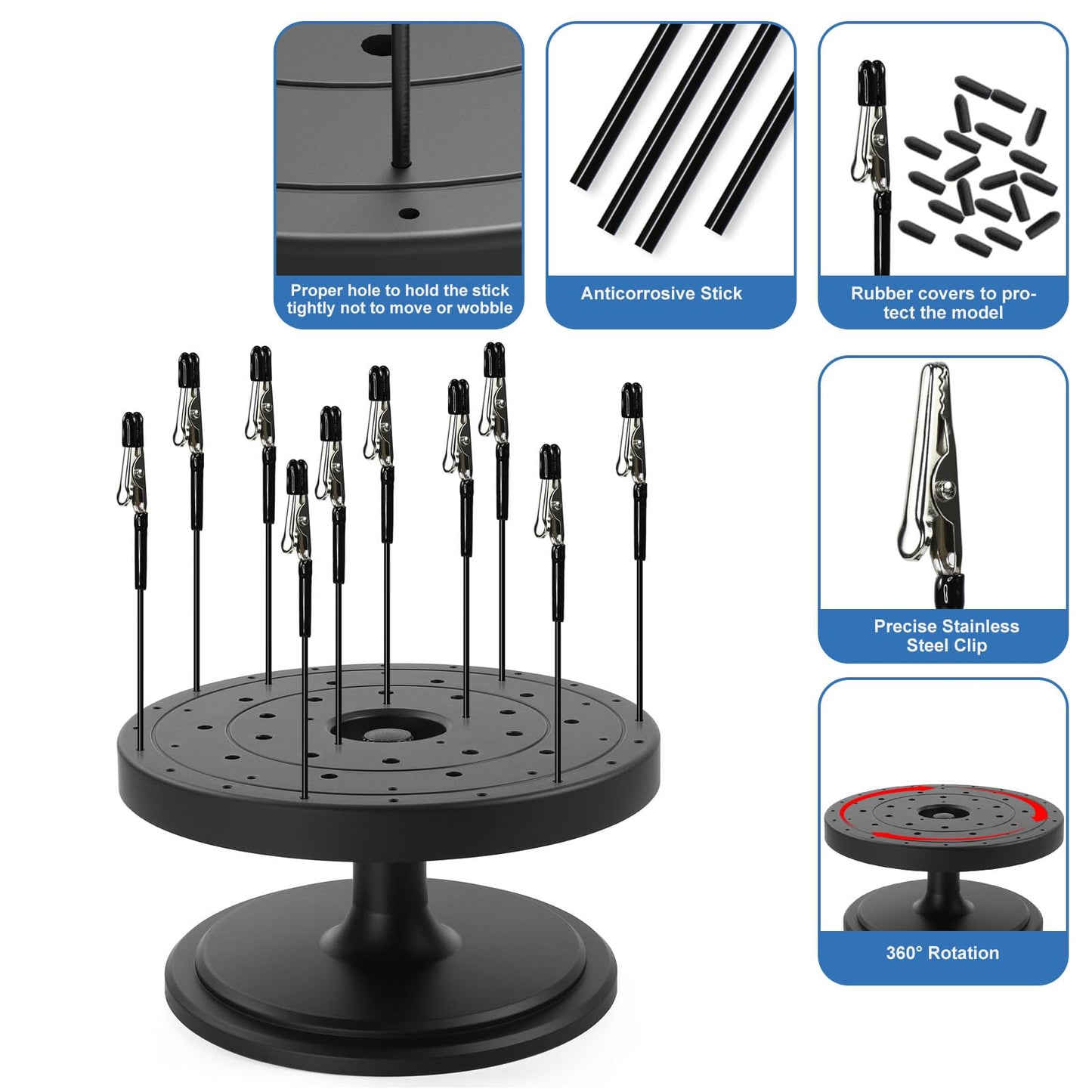 Evemodel 360° Rotatable Spray Work Painting Stand with 10PCs Alligator Clips Stick Set Modeling Tools for Airbrush Hobby Model Parts