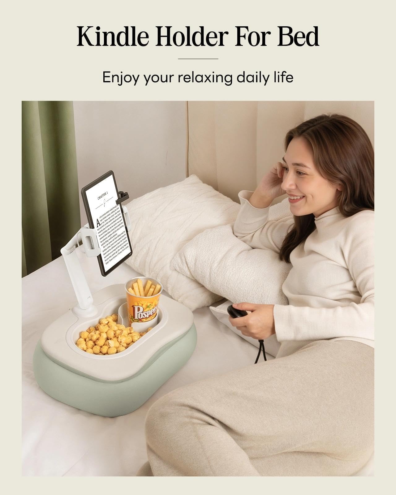 SAIJI Tablet Pillow Stand for Bed, Stable iPad Holder with Food-Grade Snack Bowl, Adjustable Kindle Pillow Stand for Reading, Suit for 4.7-15.6" Kindle,iPad,iPhone,Tablet,Green