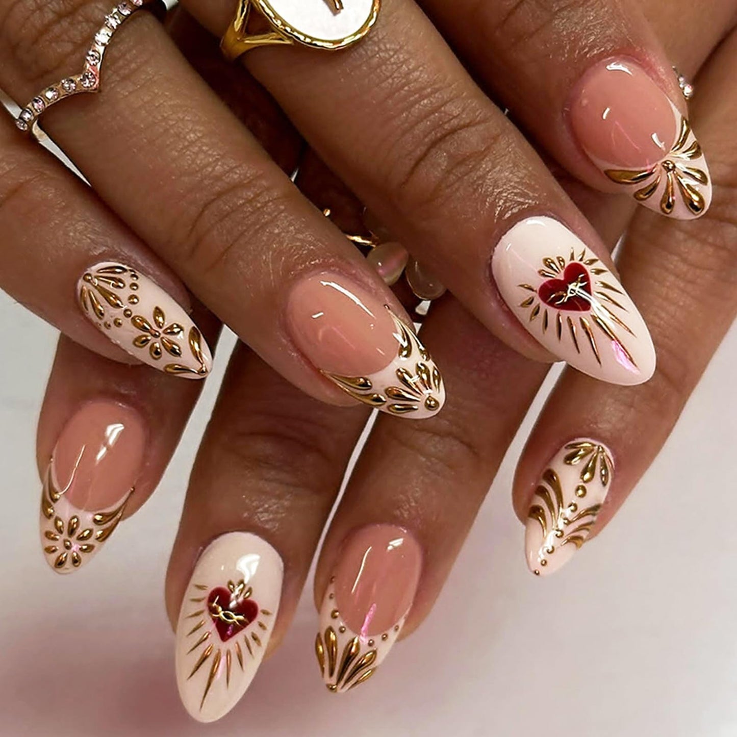 IMRAIN Press on Nails Medium Almond Fake Nails French Nail Tips 3D Golden Flower Designs Full Cover Artificial Stick on False Nails for Women