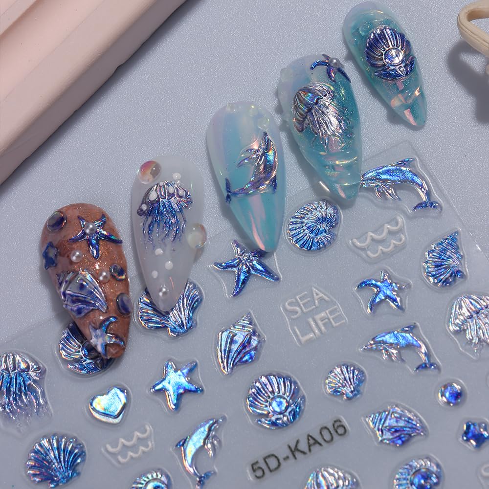 SIMAYKUWA 5D Nail Art Stickers - 3D Shell Octopus Relief Design with Shimmer Glitter for DIY Manicure, Ocean Theme False Nail Decorations A Set of 3 Sheets