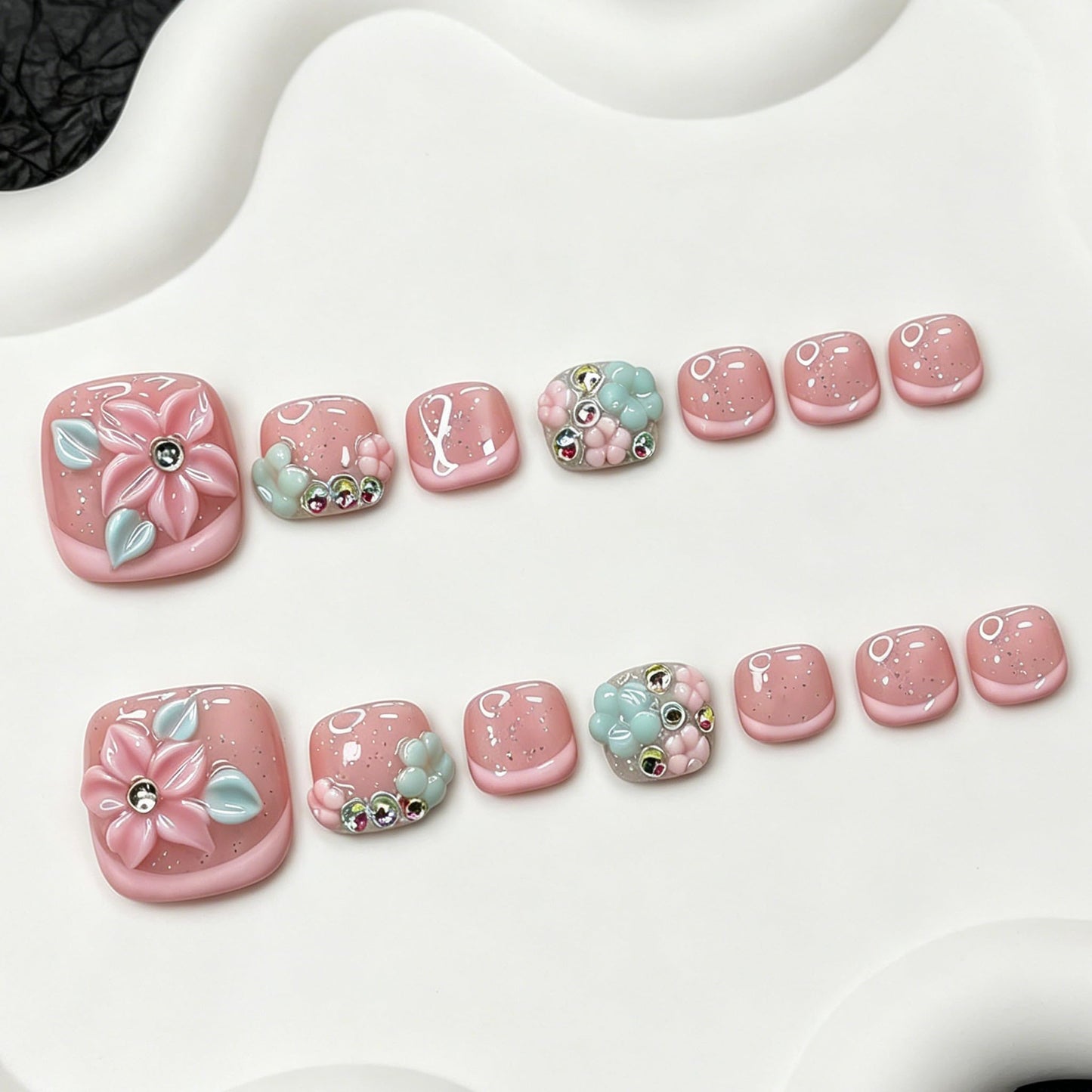 14 Pcs Handmade Luxury Press on Toenails with Handmade 3D Bling Rhinestones & Flower Designs Short Square Stick on Toe Nails Pink French Tip Fake Toe Nails for Women Manicure Decor (S)