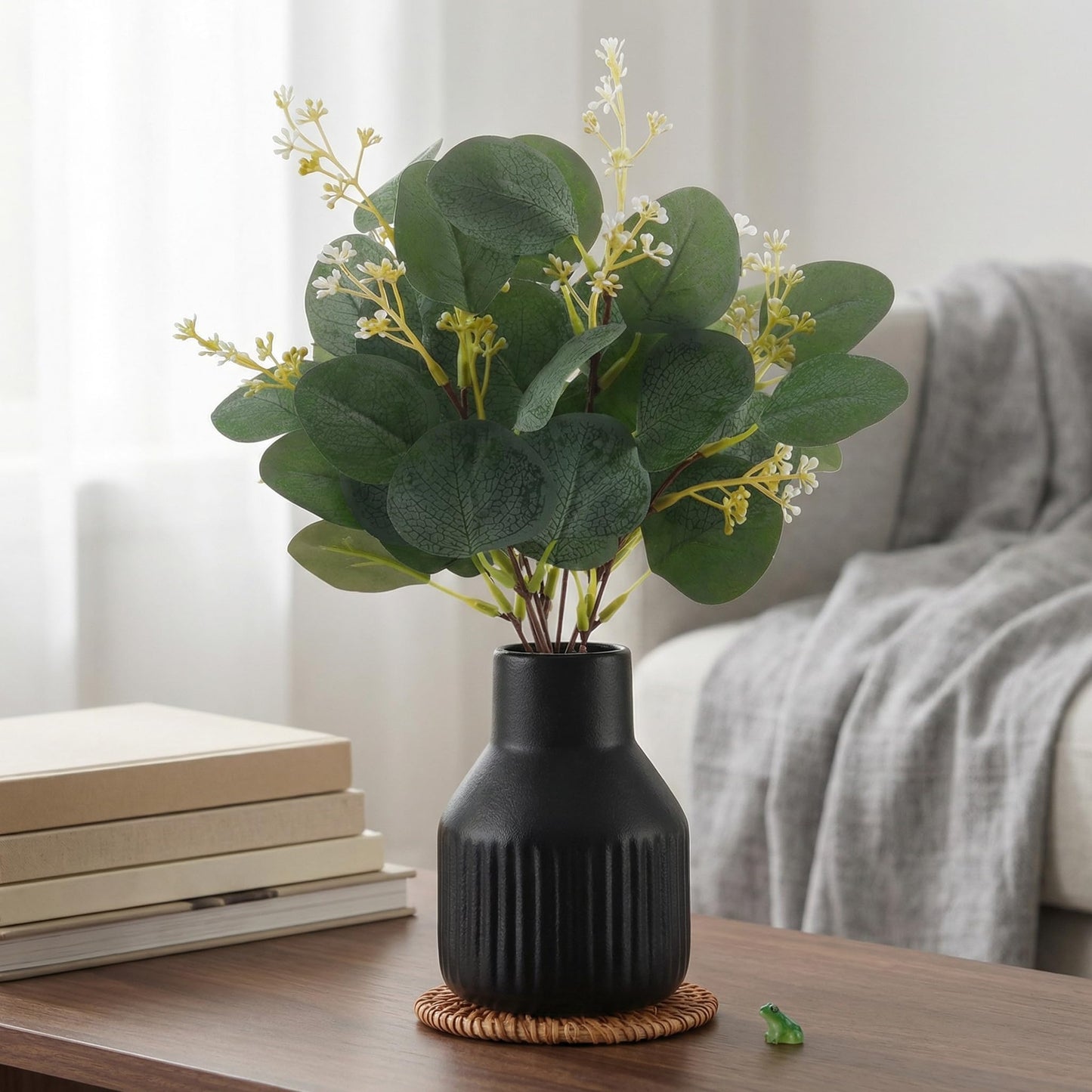 Artificial Eucalyptus Greenery Stems in Ceramic Vase,10Pcs Fake Plants Eucalyptus Leaves faux Plants for Centerpiece Table Decorations Home Room Decor office desk decor Greenery Decor indoor (Black)