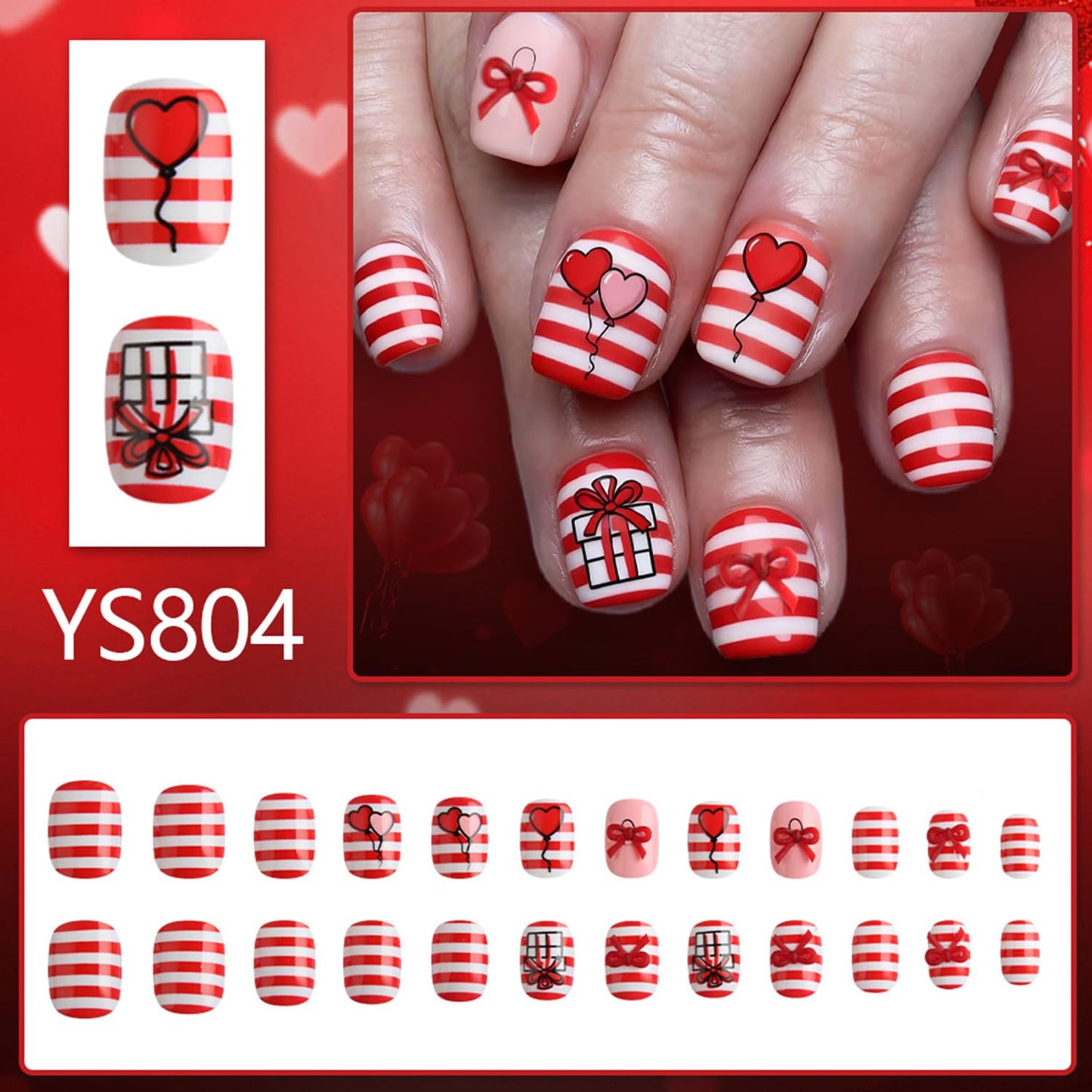 CJDLTS Valentines Press on Nails Short Square Artificial Acrylic Fake Nails Red Pink Love Balloon with Red Bow Full Cover Glossy Heart Stick on Nail Artificial Fingernails for Women Festival Manicure