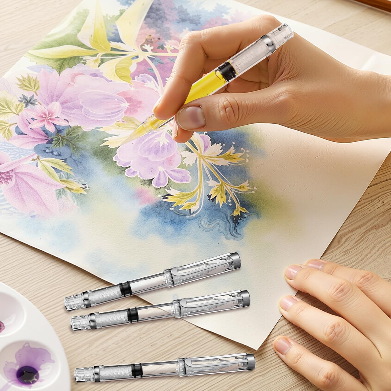 Veemoon Refillable Fountain Brush Pen Set, Piston Fountain Brush Pen Leak-Proof Water Writing Tool Ink Calligraphy Calligraphy Water Paintbrush for Write Drawing Crapbooking Sketching Art, 5Pcs