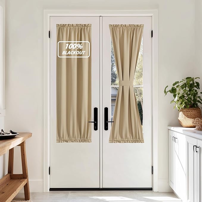 NICETOWN 100% Blackout French Door Curtains, Privacy Door Curtains for Window, 25 X 64 Inch Long Room Darkening Blinds, Thermal Insulated Window Shades for Bedroom, 1 Panel, Biscotti Beige