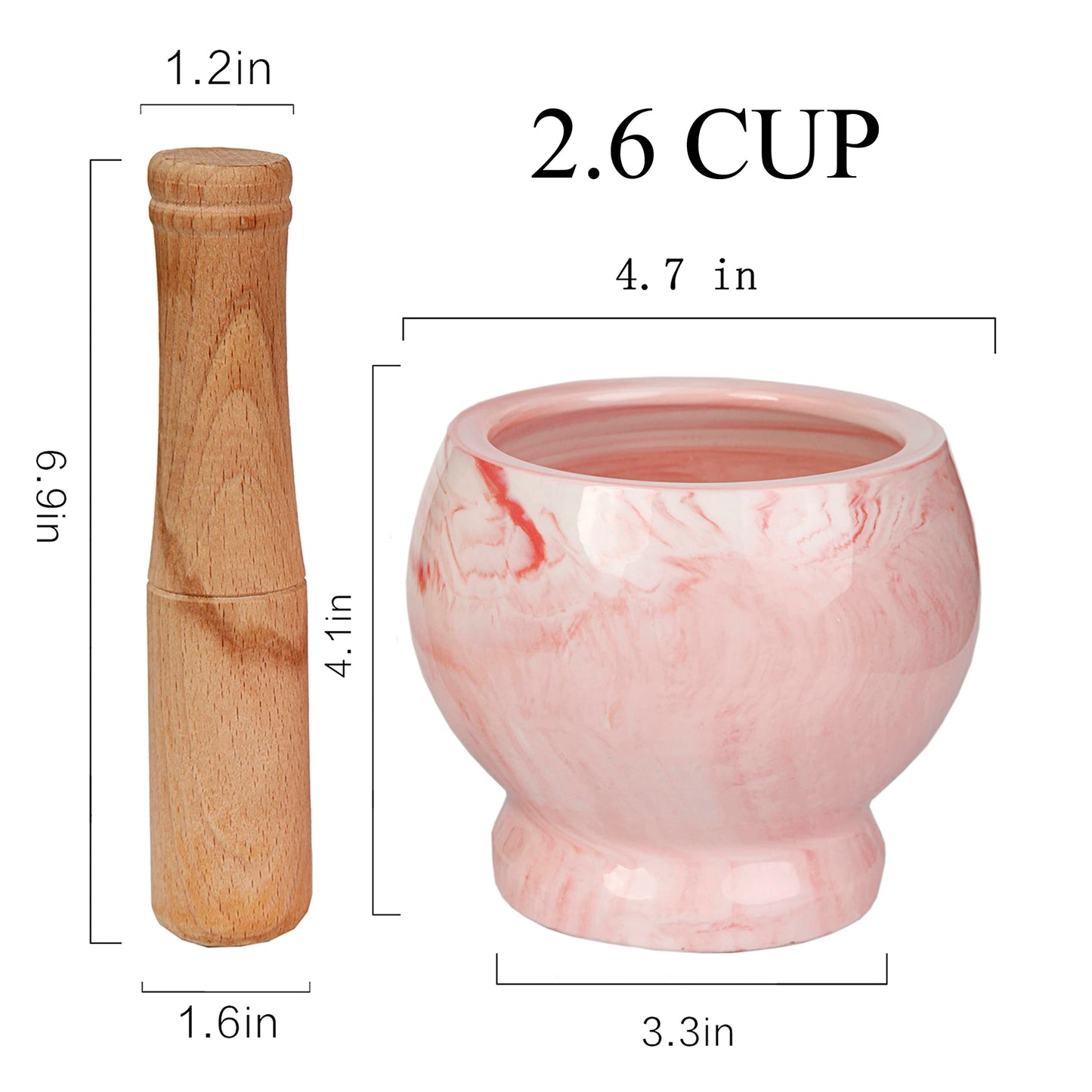 HPYNPES Mortar and Pestle Set- Ceramic Kitchen Mortar and Pestle for Spices, Herbs & More- Durable Mortar with Anti-Slip Base and Sturdy Wooden Pestle with Finest Grinding Ability- 2.6 Cups Capacity