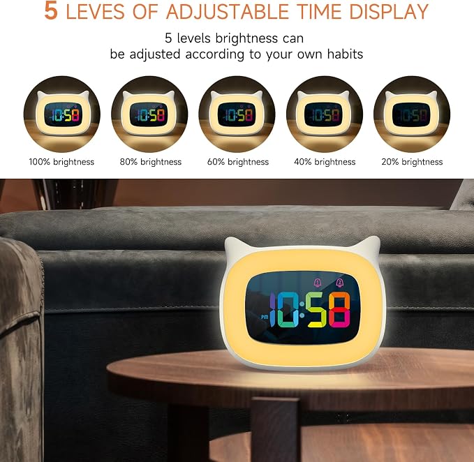 Cute Cat Ear Alarm Clock with RGB 7 Color Night Light,White