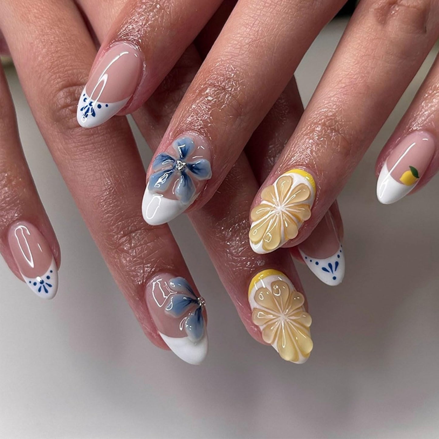 24 Pcs Almond Press on Nails Short Glossy Acrylic Fake Nails French False Nails with Cute 3D Fruit Flowers Design Nail Press ons Reusable Stick on Nails for Women