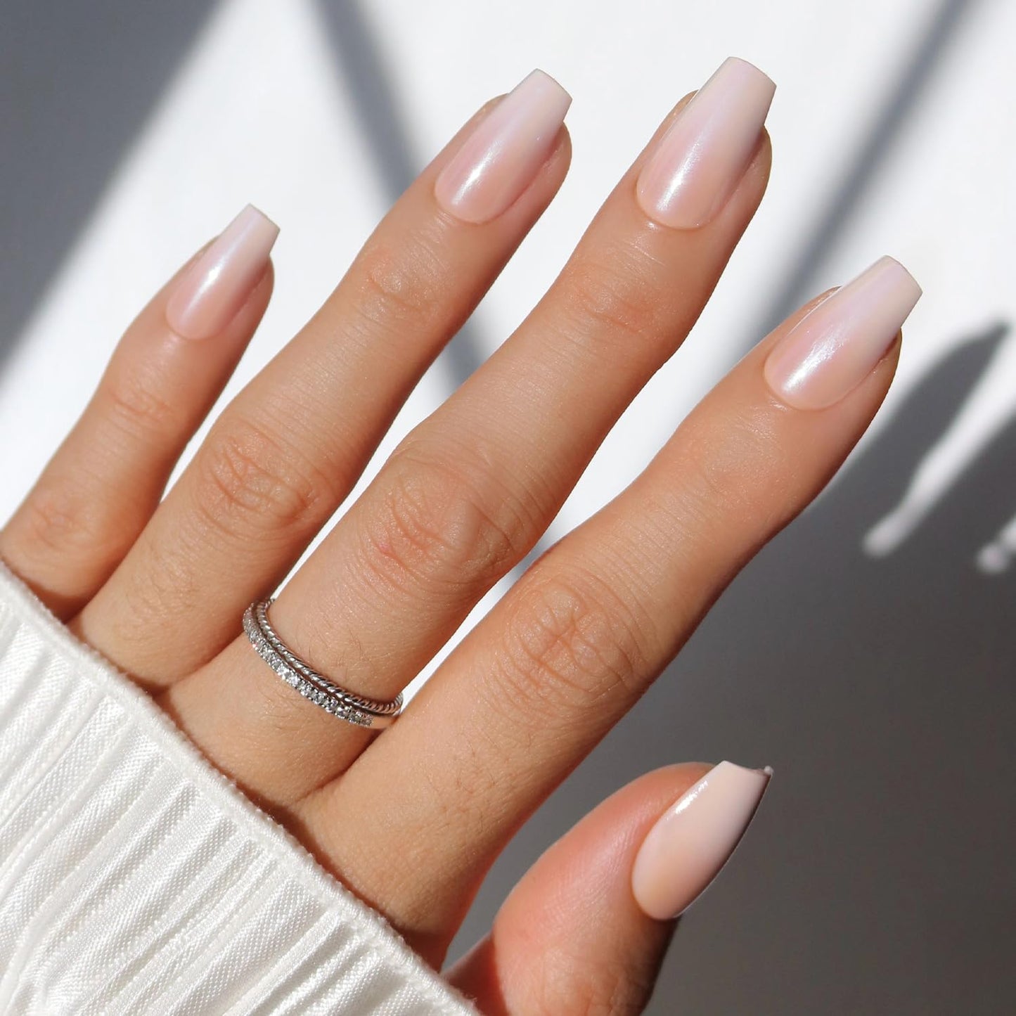Glamnetic Press On Nails - Medium Coffin Fake Nails, Glazed Nude Ombré Nails, Delicate Touch | 15 Sizes - 30 Nail Kit with Glue | Gift for Mom