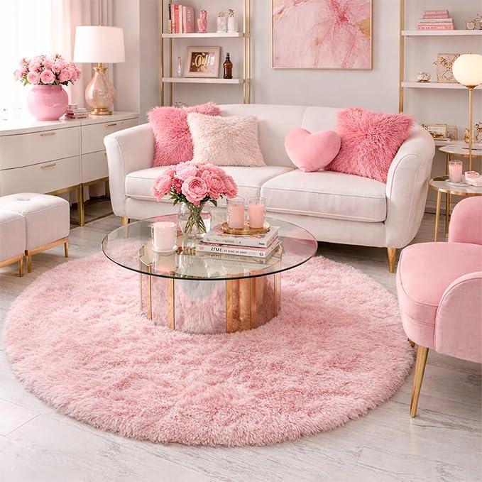 Pink Fluffy Round Rug 5Ft for Girls Bedroom Decor Aesthetic, Shaggy Circle Area Rugs for Kids Room Living Room, Cute Fuzzy Carpet for Nursery, Dorm, Classroom, Teen, Princess, Comfy Baby Playroom Rug