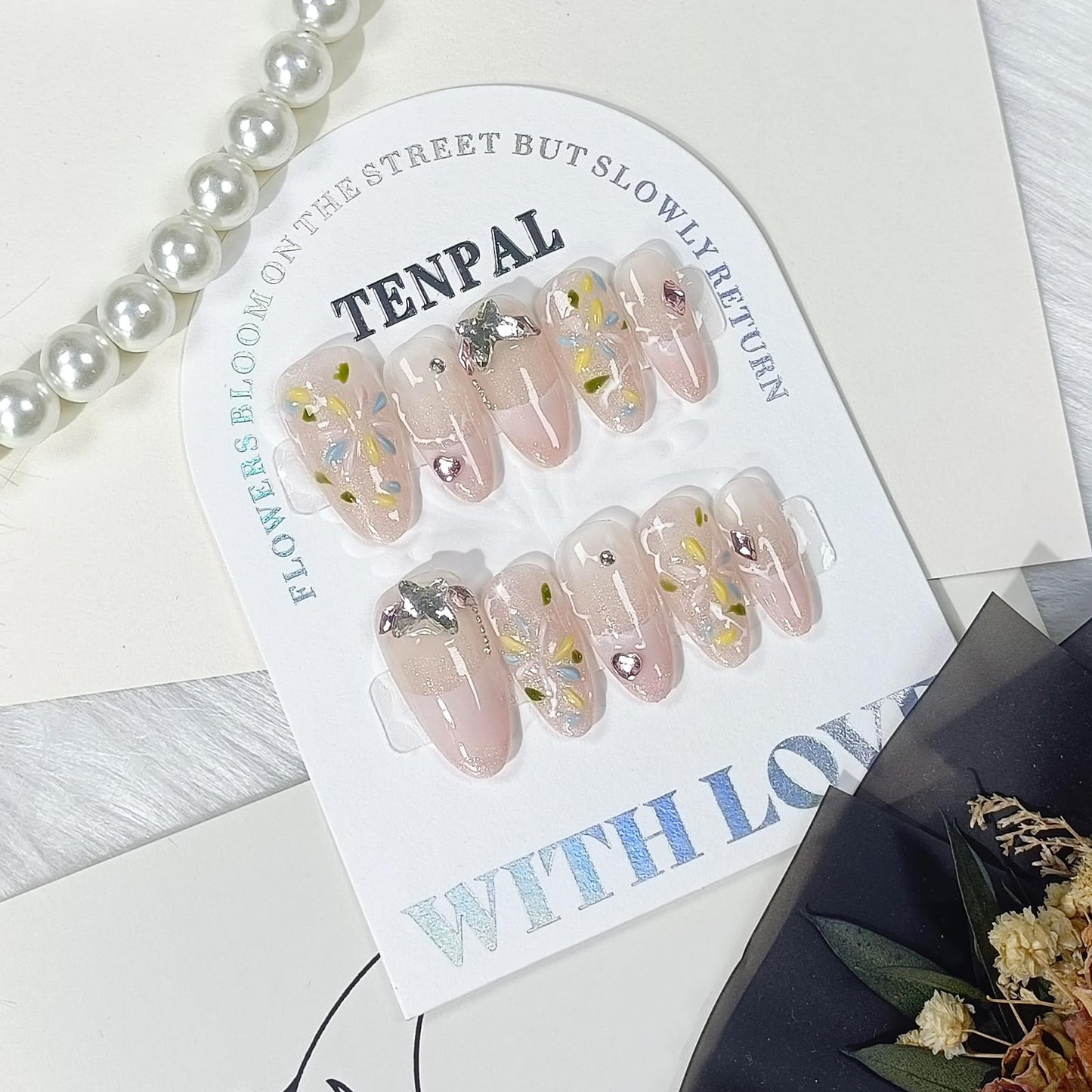 TENPAL French Tip Press on Nails Short Almond Gradient Pink Nails Press Ons with Fireworks Flower Butterfly Chain Designs Cat Eye Nails Press ons Glossy Artificial Glue on Fake Nails Short(S)