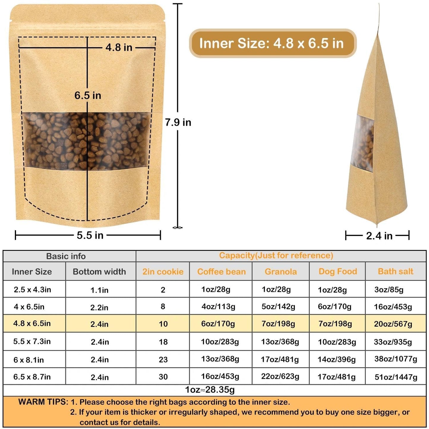 Blisstime Stand Up Pouches, 50 Pack Kraft Paper Bags with Matte Window and Tear Notch Resealable Bags for Small Business Home Use (4.8 x 6.5 Inches)