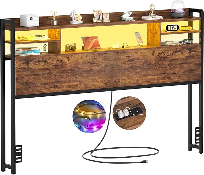 Aheaplus Headboard for Queen Size Bed with Storage, Headboards with LED Light, Power Outlets, USB Ports Queen Size Head Board, Wood headboard Only Sturdy and Stable Headboards, Modern, Rustic Brown
