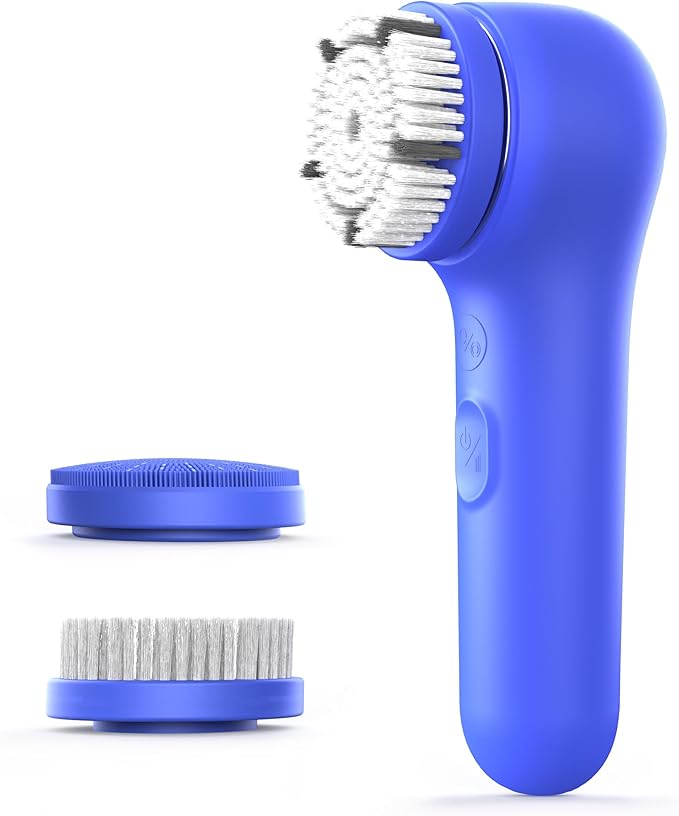 Spinning & V-Sonic Face Scrubber, NågraCoola 3.0 Facial Cleansing Brush, Waterproof & Rechargeable Face Scrub Brush for Men & Women with 3 Brushes, 3 Intensities, 2 Action Modes - Blue