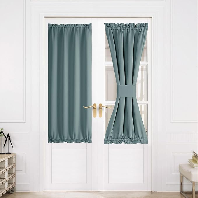 NICETOWN Blackout French Door Curtains, Privacy Door Curtains for Window, 30 X 64 Inch Room Darkening Blinds, Thermal Insulated Window Shades for Bedroom, 1 Panel, Greyish Blue