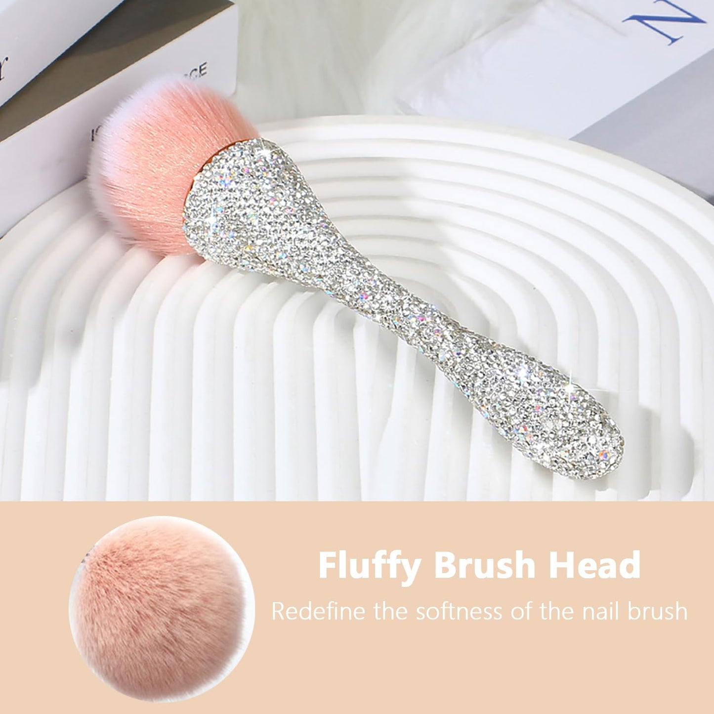 SILPECWEE 1pc Nail Brush for Cleaning Fingernails Inlaid Clear Crystal Nail Art Brush Acrylic Cleaner Remover Brush Nail Dust Brush for Makeup Dip Powder Blush