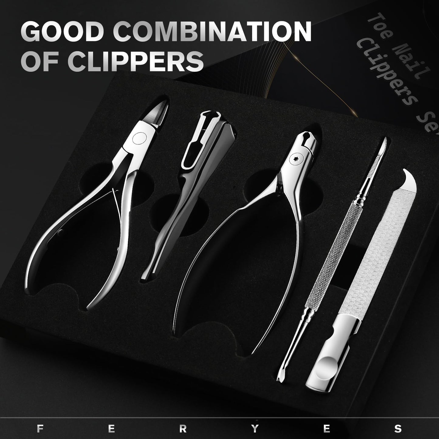 FERYES 5PCS Toenail Clippers Long Handle Clipper for Thick Nails, Straight Blade Clipper for Ingrown Nails, 360° Rotating Jaw Nail Clipper, Cuticle Fork, and Nail File