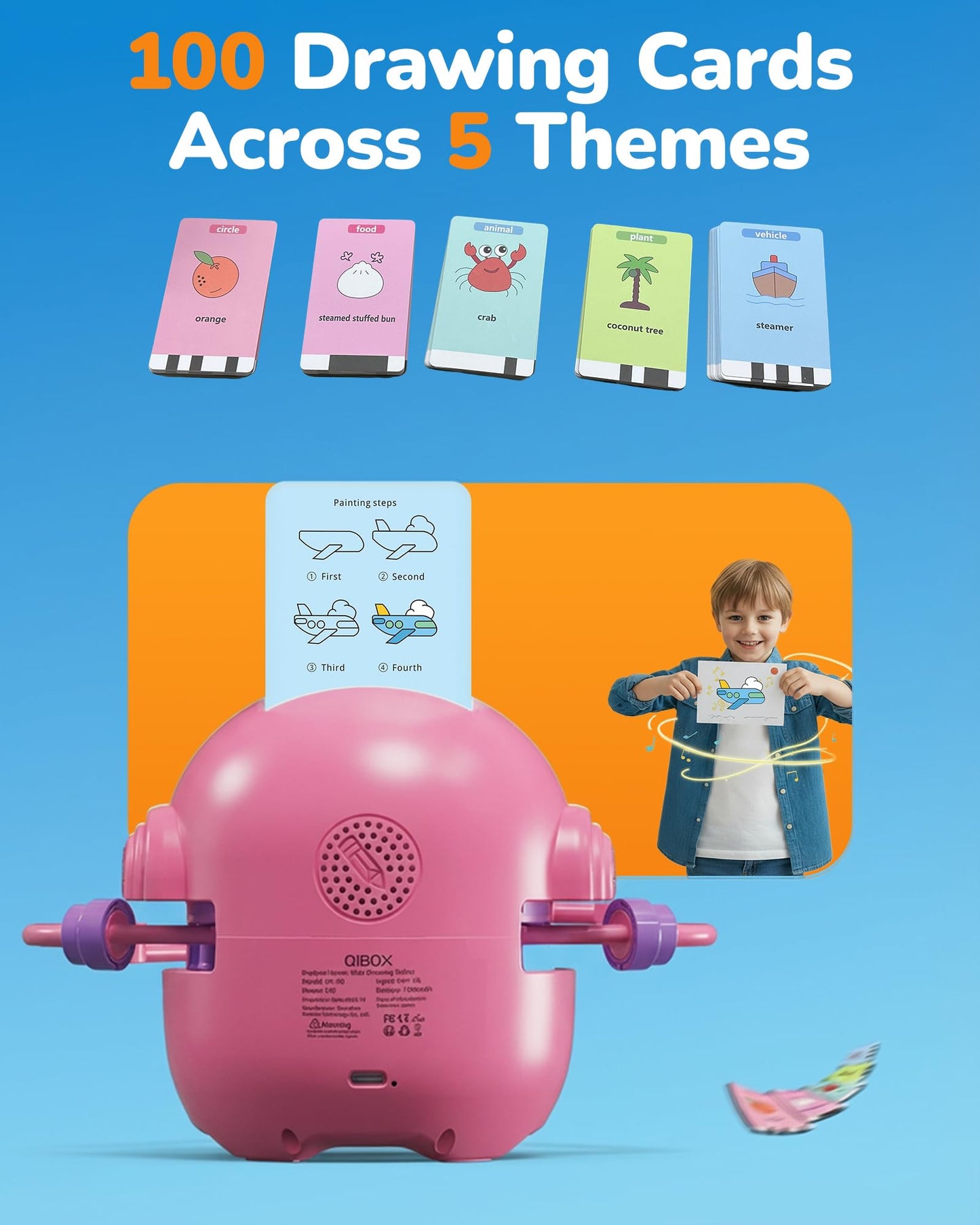 Drawing Robot for Kids, Rechargeable 4-in-1 Draw/Learn/Spell/Music Interactive Educational Robot Drawing Machine with 100 Cards & 12 Color Pens, Learning Toys for 3-8 Year Old Boys Girls Birthday Xmas