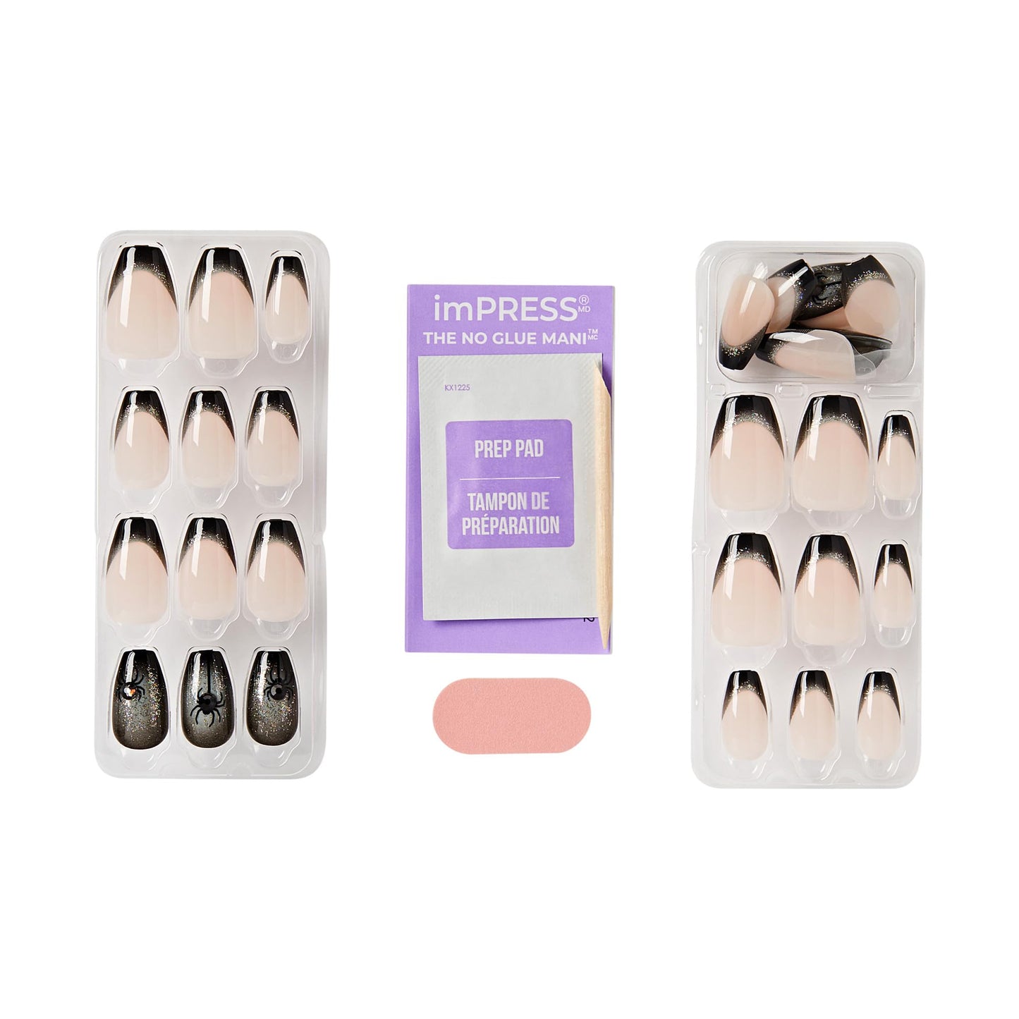 KISS imPRESS Halloween Press On Nails, ‘Bad Idea right’, Black, Medium Coffin, Glossy Finish, No Glue, Glow-In-The-Dark, Includes Prep Pad, Mini Nail File, Manicure Stick & 30 Fake Nails