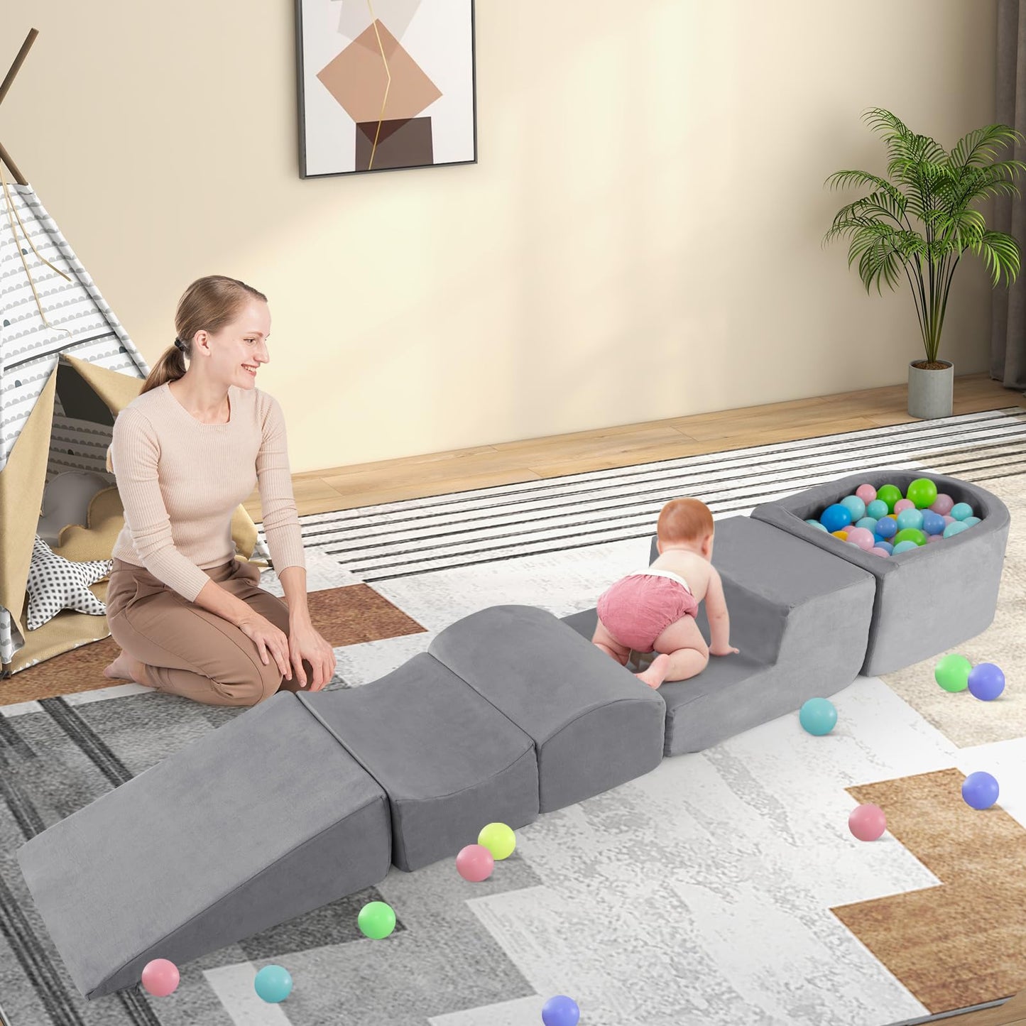INFANS Climbing Toys for Toddlers, Foam Climbing Blocks and Ball Pit for Baby, 5pc Kids Climb and Crawl Block Activity Structure Play Set, Indoor Foam Play Gym for Crawling and Sliding