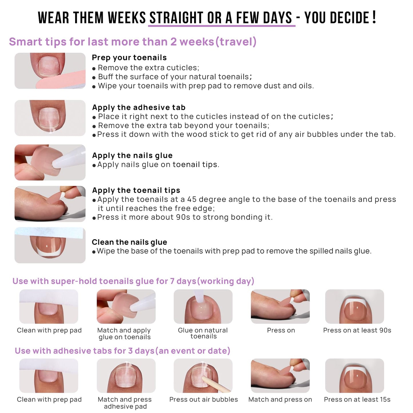 BTArtbox Press on Toenails Short, Pure Chic with Champ Set