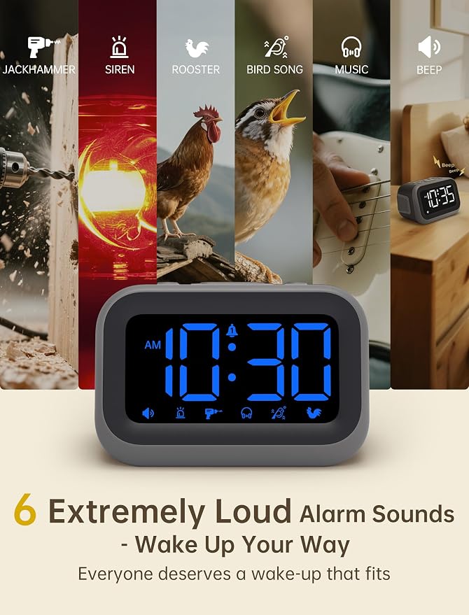 Acedeck Super Loud Alarm Clock: 115dB Wake-Up Power | Dual Alarms and 6 Alarm Sounds for Heavy Sleepers Adults and Shift Workers - Bedroom and Daily Wake-Up Use (Blue Digits)