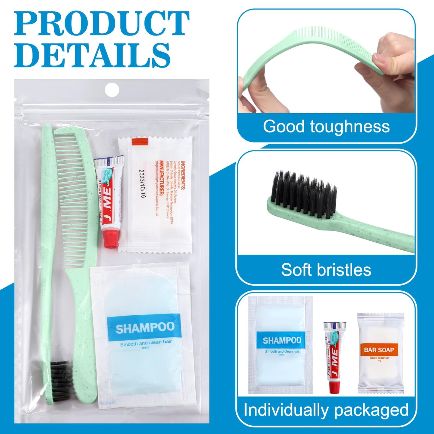 Hushee 48 Sets Personal Hygiene Kit Basic Toiletry Kit Homeless Care Package for Men Women Travel Charity Business Include Shampoo Toothbrush Toothpaste Comb and Bath(Light Green)