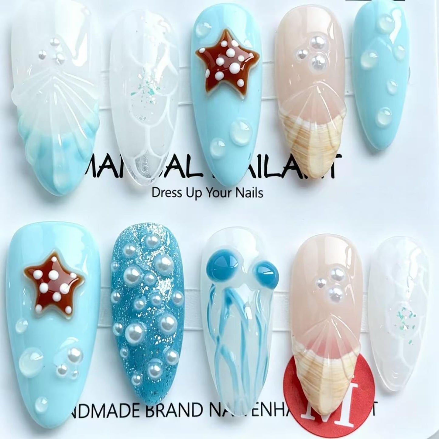 Threelegscat Summer Nails Handmade,Medium Almond Blue White Tropical Press on Nails with Starfish &jellyfish Design,Reusable &easy to Apply for Women Beach &daily Wear Size M10PCS