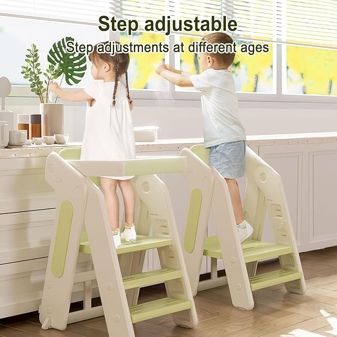 Toddler Tower Kitchen Stool Helper,Foldable/Adjustable Height Kids StandingTower Stool W/CPC Certification,for Kitchen Counter Bathroom Sink Cooking Child Ladder for Toddlers W/Safty Rail(Khaki Grey)