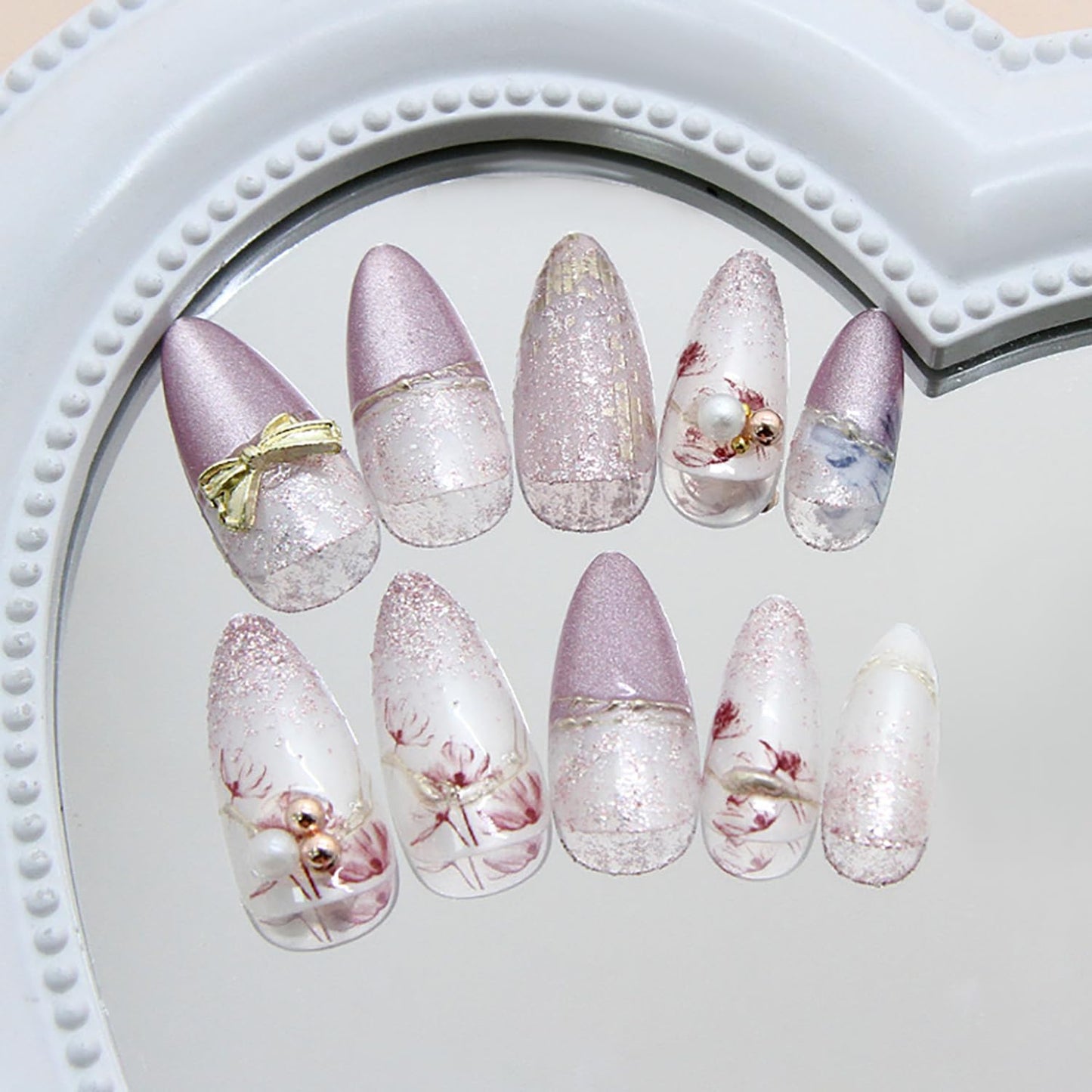 Flower 3D Press on Nails Almond Medium Pearl Bow Design Purple French Acrylic False Nail Full Cover Glitter Powder Artificial Fingernails Press Ons Floral Stick on Nails DIY Glue on Nails for Women