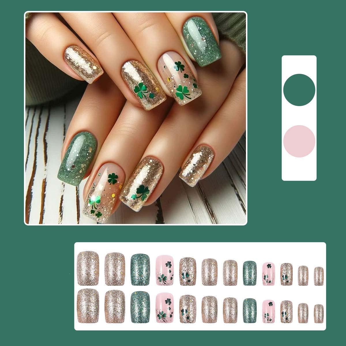 24Pcs St. Patrick's Day Press on Nails Medium Square Fake Nails with Shamrock Designs Full Cover False Nails Green Gold Glitter Reusable Glue on Nails for Women Saint Patrick Manicure Decor