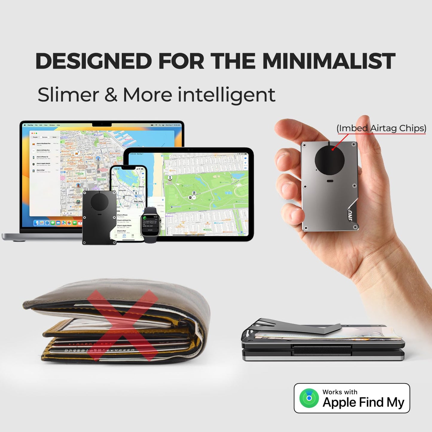 HPSH Air Wallet, Built-in Tracker Slim Wallet, Smart Wallet with Money Clip, Compatible with FindMy Network(iOS Only), Anti-Theft Card Holder, *Gift for Men (Tracker Wallet, Black)