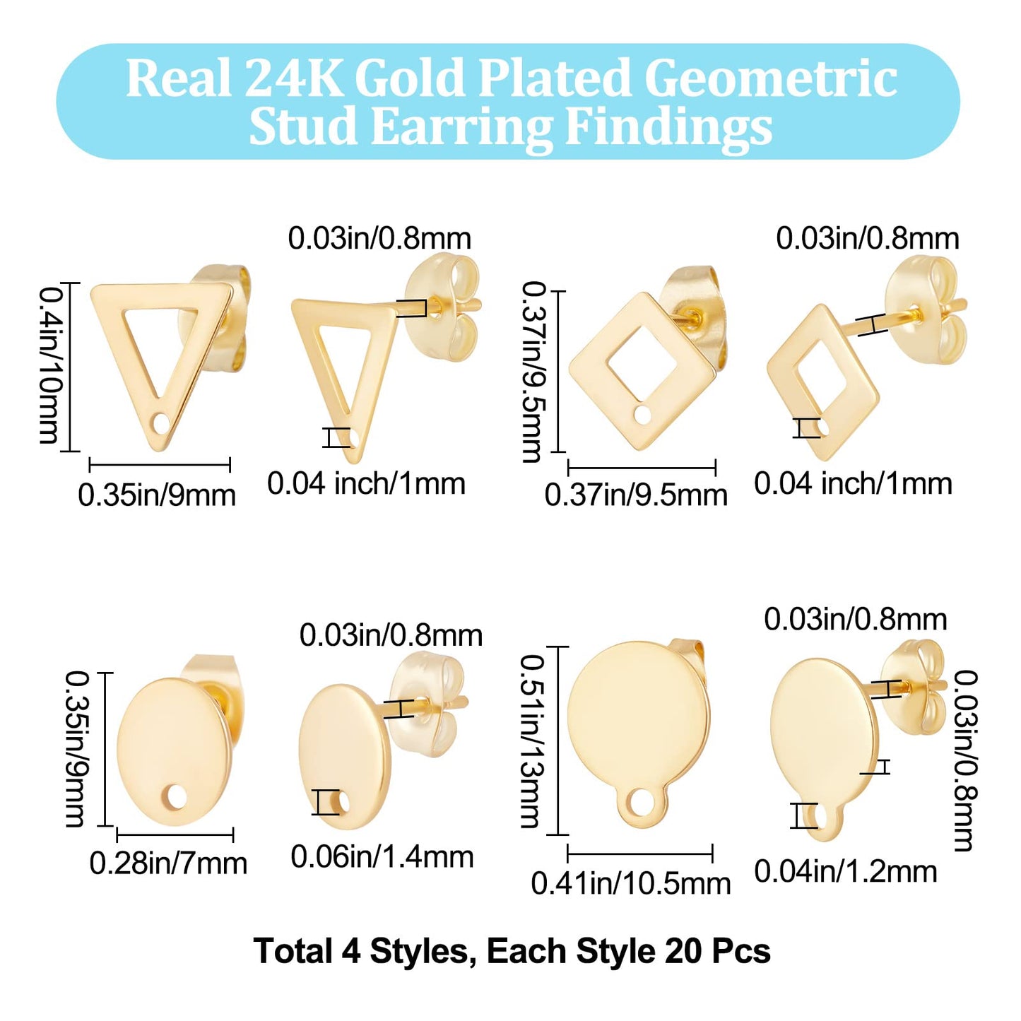 Beebeecraft 1 Box 80Pcs 4 Style 24K Gold Plated Stud Earring Findings Stainless Steel Triangle Oval Rhombus Flat Round Stud Earring Posts with Loop and Ear Nuts for Women Jewelry Making