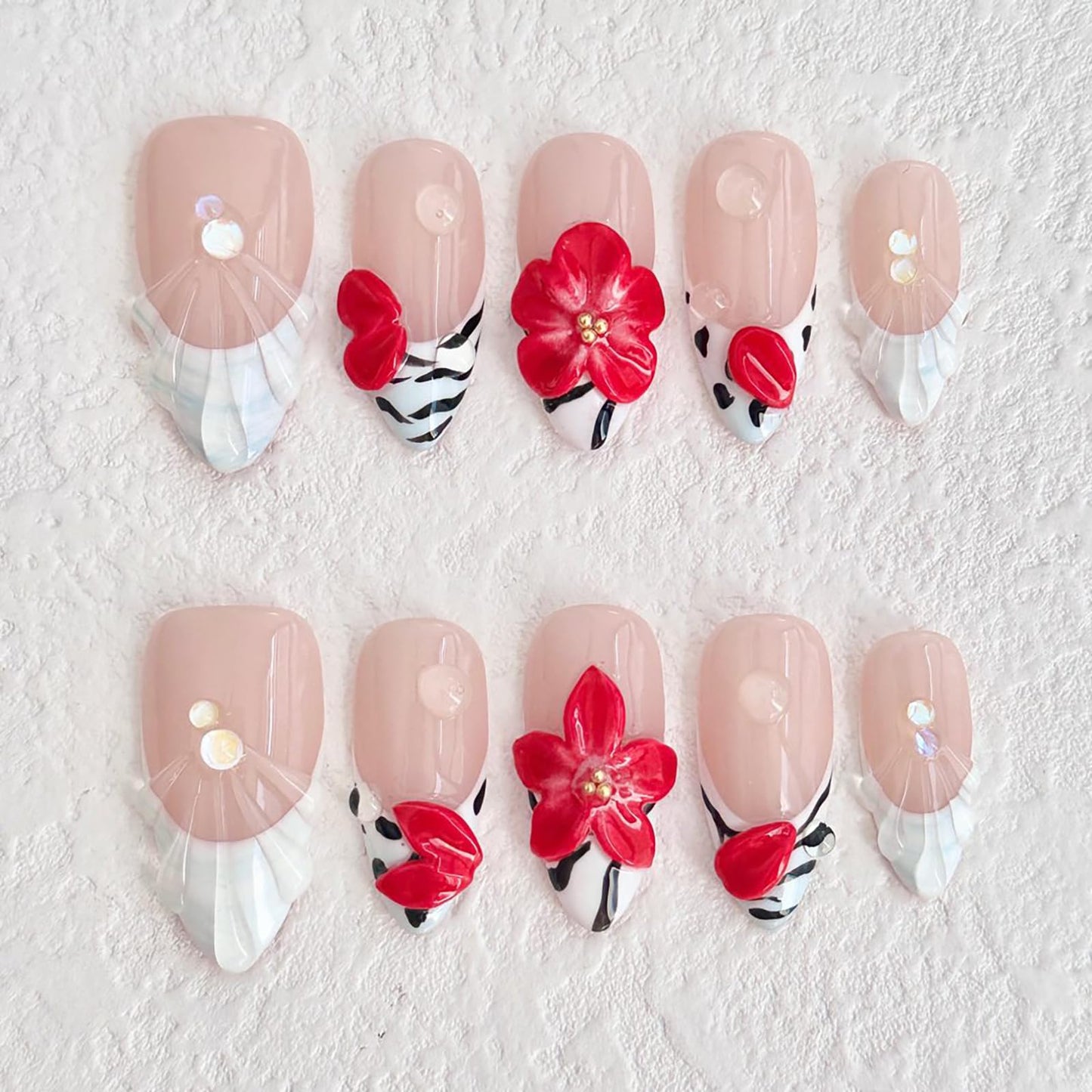 Luxury Press on Nails Medium Almond Handmade 3D Unique Reusable ABS Material Fake Nails White French Tip False Nails with Designs Water Drop Red Flower Glossy Glue on Nail Thick Acrylic Nail(M)