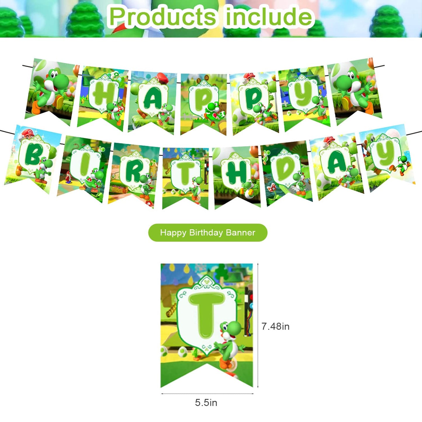 Yoshi Party Decorations,Yoshi Birthday Party Supplies Includes Banner - Cake Topper - 24 Cupcake Toppers - 18 Balloons