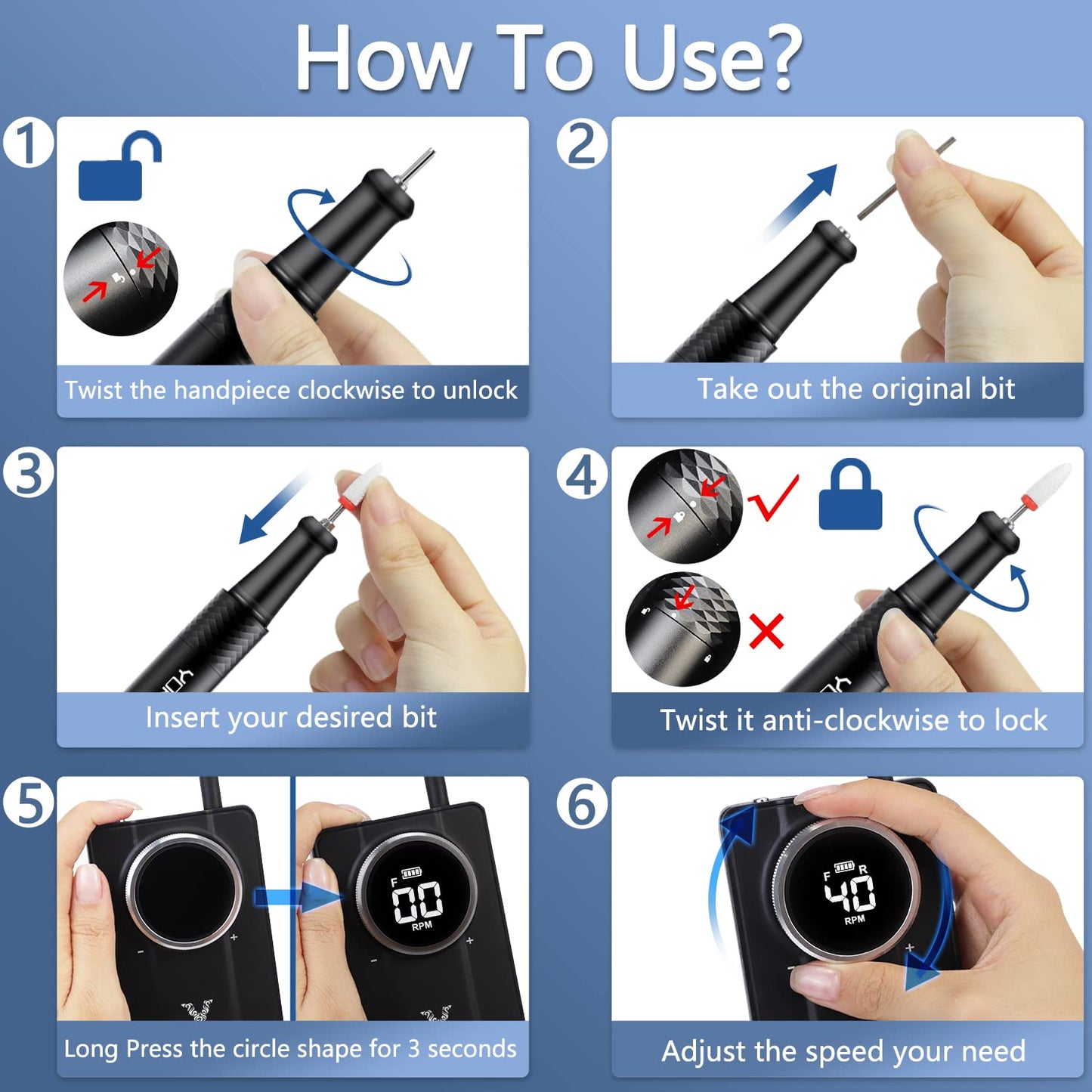 Yokefellow Nail Drill, Professional Portable 40000RPM Nail Drills Machine Electric Engraving Drill for Glass Black