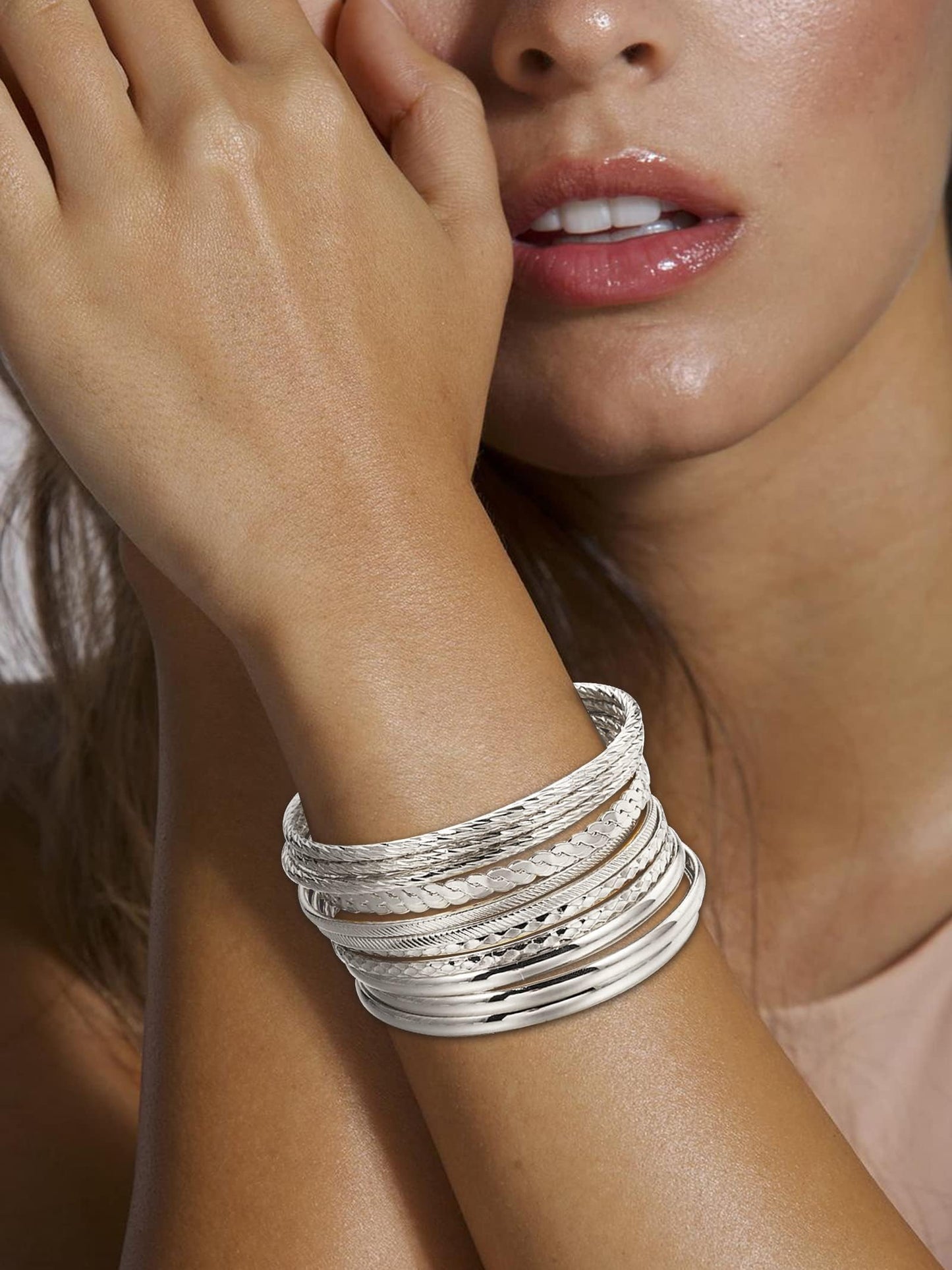 RINTOLER 12Pcs Silver Bangle Bracelets for Women, Vintage Ethnic Bracelets, Bollywood India Bangles, Stacked Bracelets for Women Bohemian Jewelry