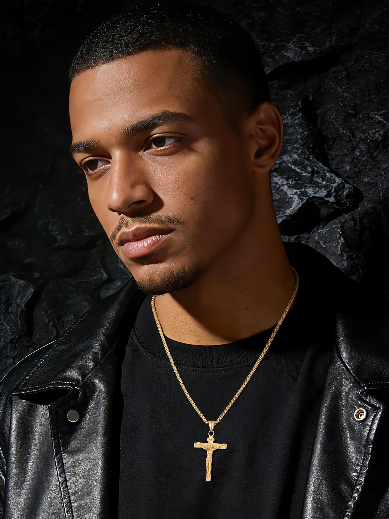 U7 Crucifix Cross Necklace 18K Gold Plated Crucifix Necklace Cross Pendant for Men with Rope Chain 26"(Gold)