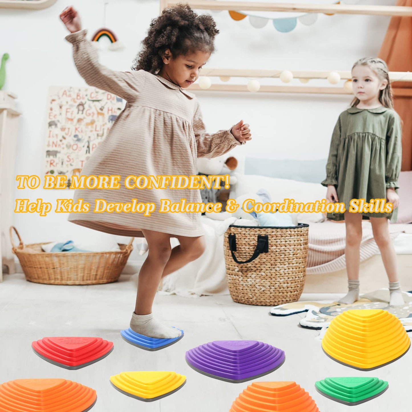makarci Stepping Stones for Kids 12pcs Obstacle Courses Play Indoor Outdoor, Full Rubber Rim Plastic Hilltop for Kids Balance and Integration Improvement Age 3 4 5 6 7 8 + (Original)