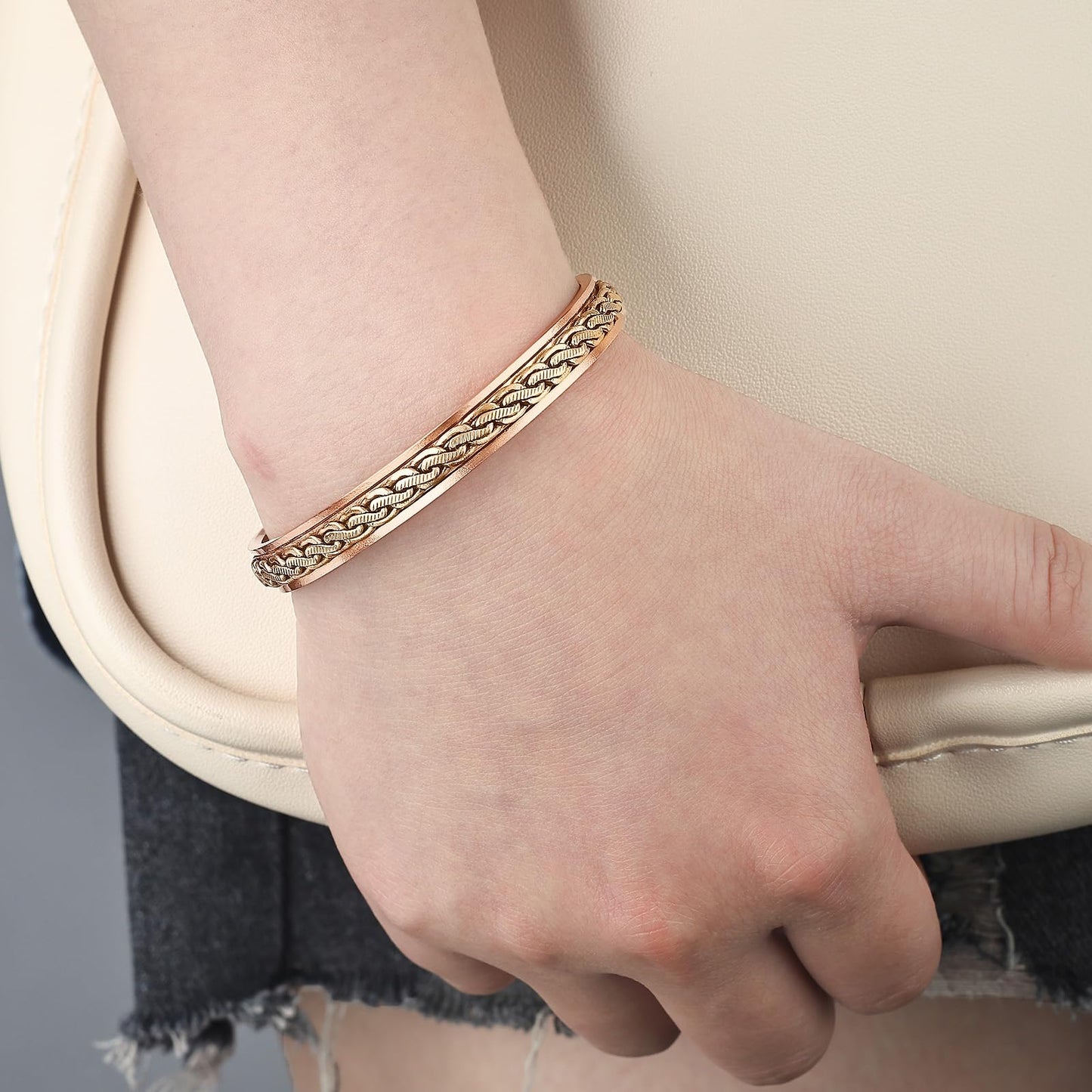 MagEnergy Handcrafted Copper Bracelets for Women, Magnetic Copper Cuff Bracelet with Twisted Wire, Adjustable Bangle & Healthy Jewelry Gift (Chain Weave Inlay)