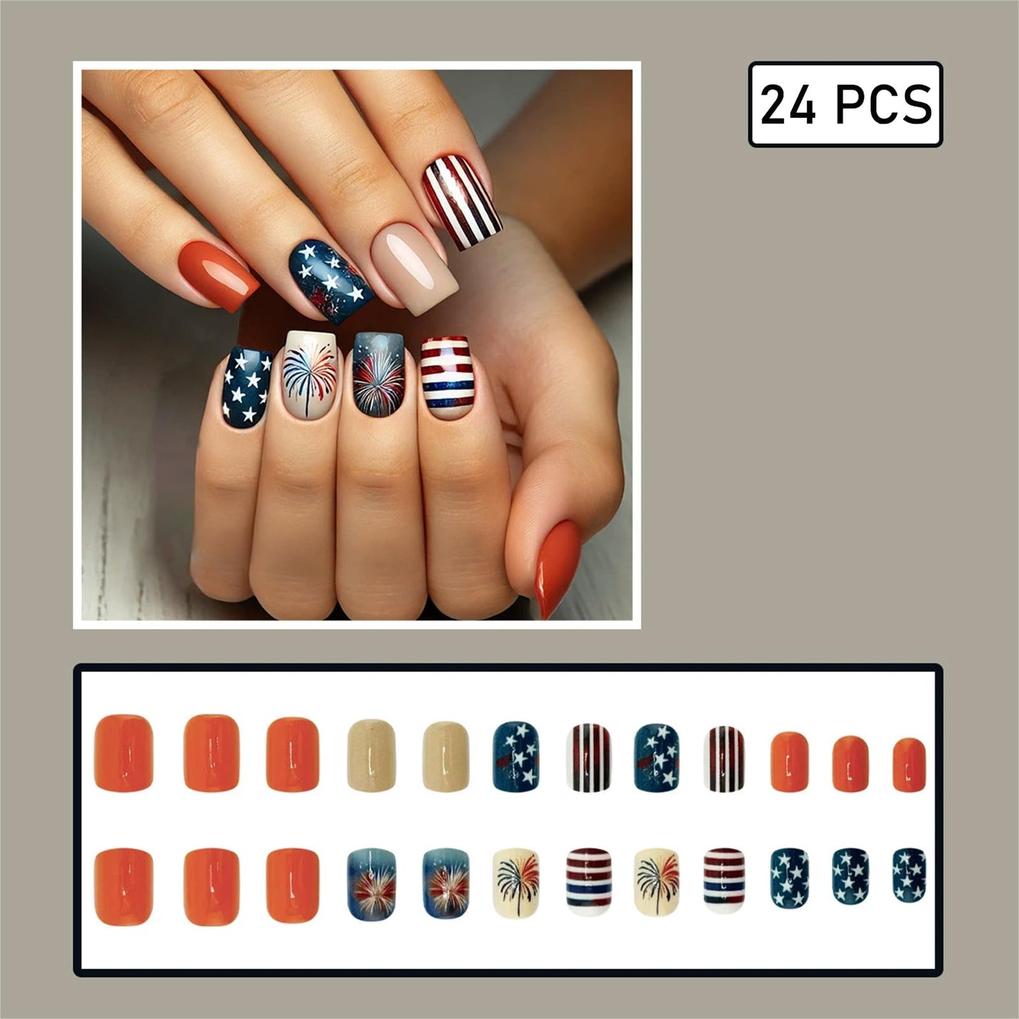24Pcs 4th of July Fireworks Press on Nails Short Square Fake Nails Red Blue American Flag False Nails Five-pointed Star Striped Acrylic Nails for Women Patriotic Holiday Manicure Decoration 24Pcs