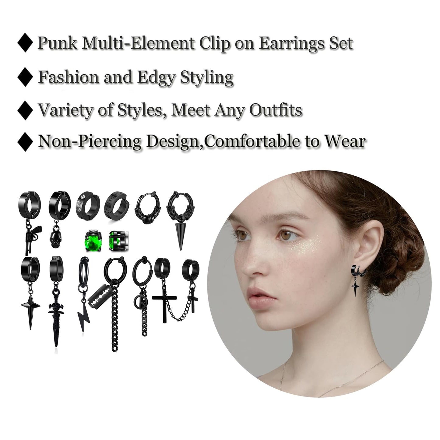 14 Pcs Black Gothic Viking Non Pierced Cross Sword Spike Awl Peace Dangle Chain Clip on Hoop Earrings Set for Unisex Fake Piercing CZ Earrings