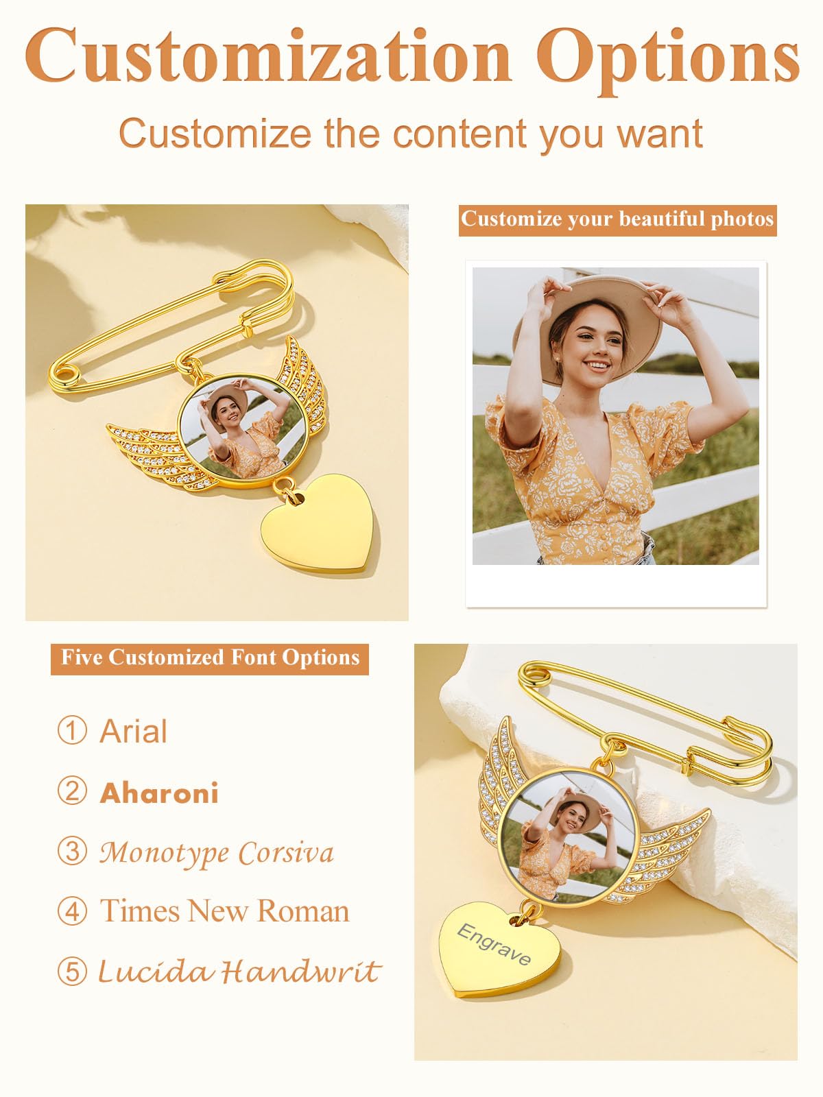 Custom4U Angel Wings Customizable Photo Pins with Name Engraving, Wedding Bouquet Brooch for Bride Groom Mother Father