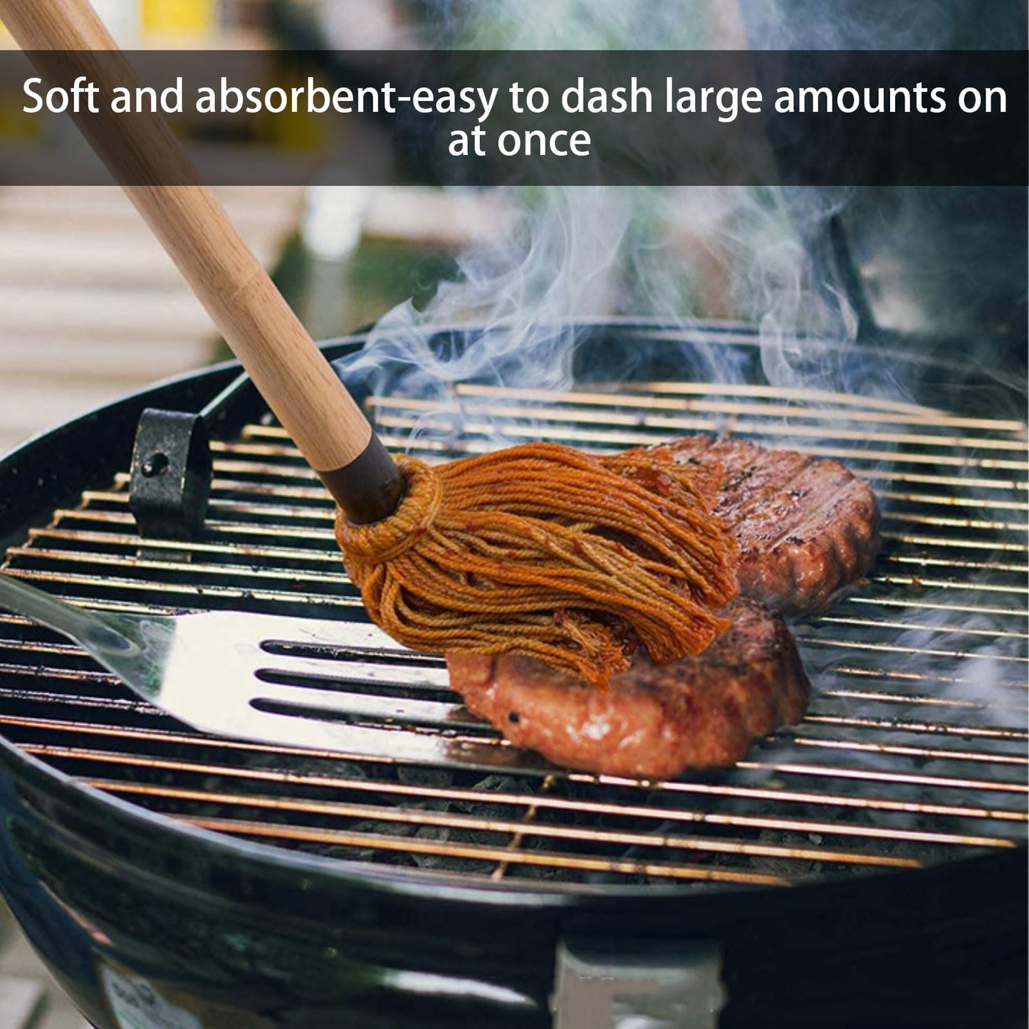 XMSTOY BBQ Mop Brushes for Sauce, Grill Basting Mop Wooden Long Handle BBQ Mop with 4 Extra Replacement Heads Perfect for BBQ Grilling Smoking Steak Marinade or Glazing (18 Inch)