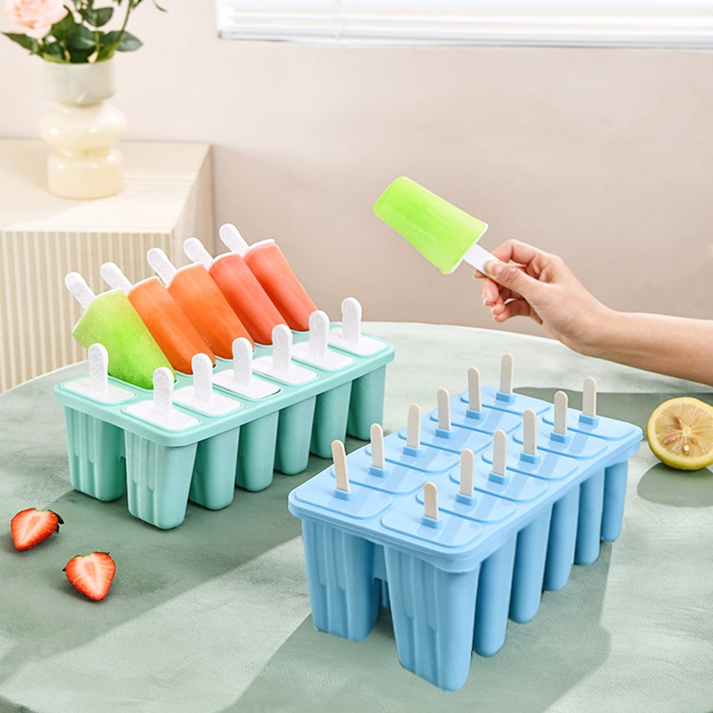 Silicone Popsicle Molds with Sticks Wpunwen 12 Cavity Ice Popsicle MoldsIce Cream Mold with Clean Brush 12 Reusable Sticks 50 Sticks 50 Bags Blue