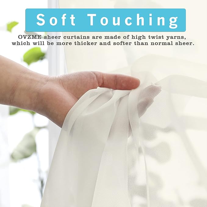 OVZME Ivory Sheer Curtains 36 Inch Length Kitchen Tiers - Short Voile Drapes, Solid Sheers Cafe Curtain for Bathroom Small Half Window - 2 Panels Set, Rod Pocket, 42" W x 36" L