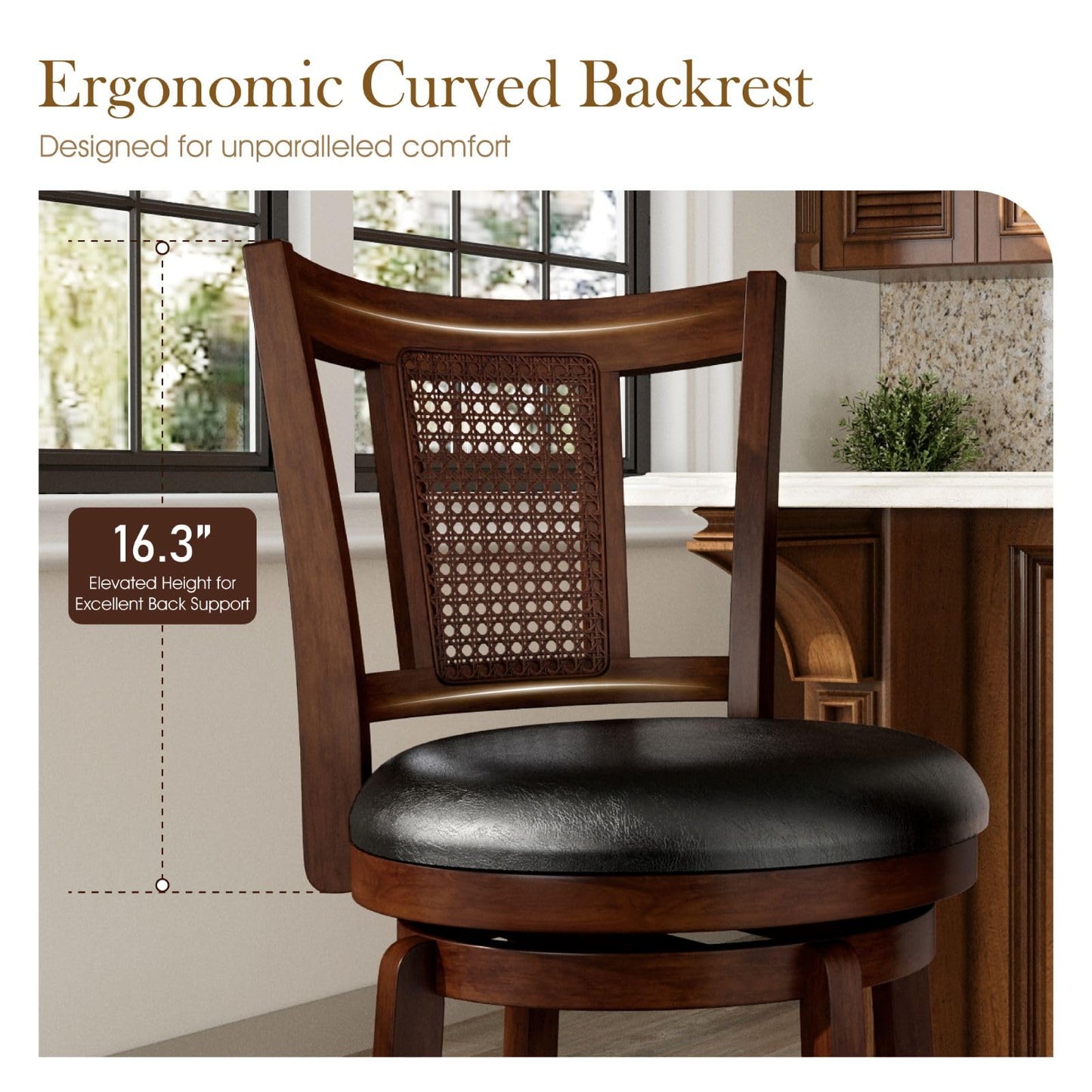 Sophia & William Swivel Bar Stools Set of 6, Bar Height Barstools with Backrest & Solid Wood Legs, Brown Faux Leather Kitchen Stools, 30 Inch