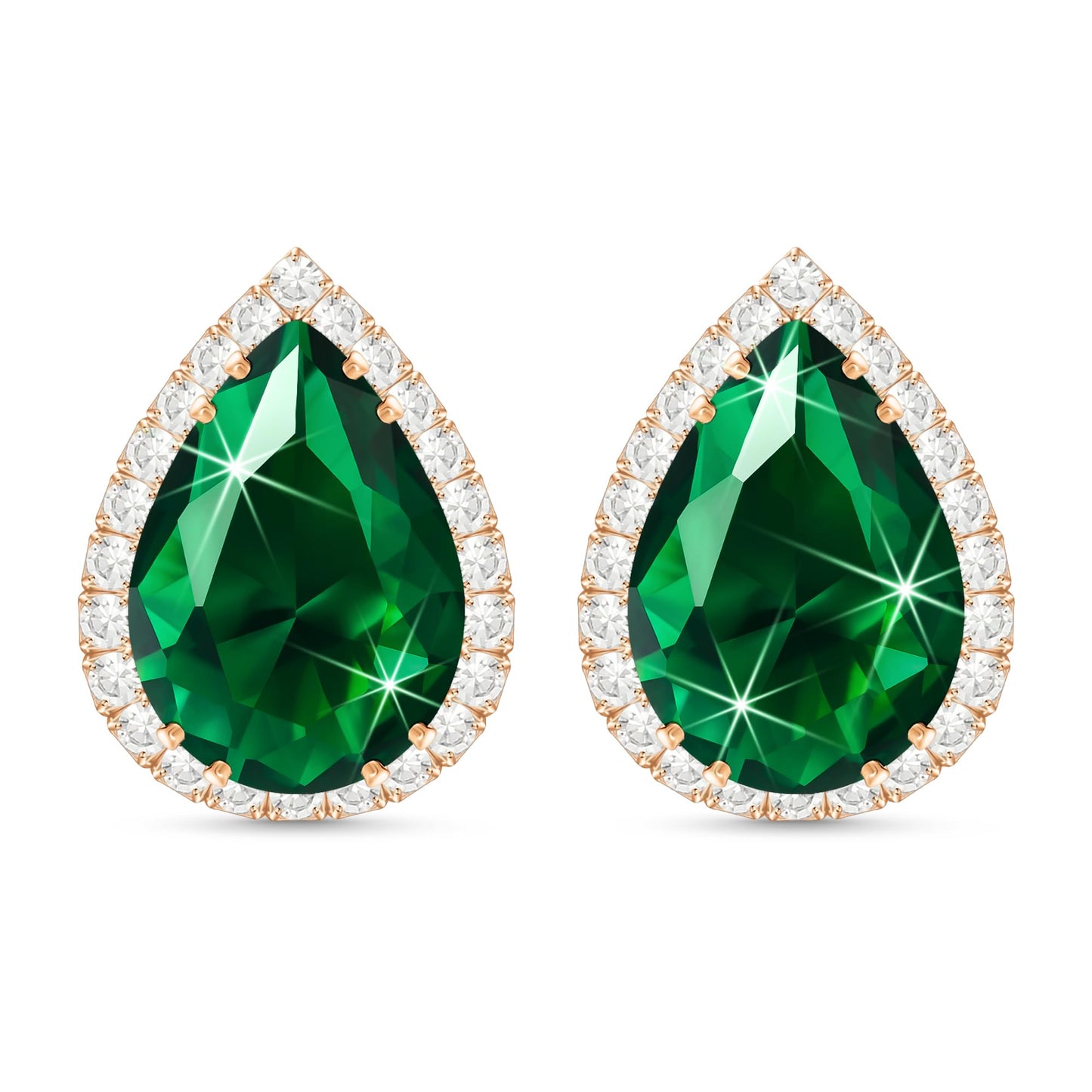 Linawe Emerald Green Imitation Diamond Cubic Zirconia Earrings Studs, Rose Gold Stud Earrings Women, Teardrop Rhinestone Crystal Formal Earring Set, Wedding Bridal Bridesmaid Jewelry