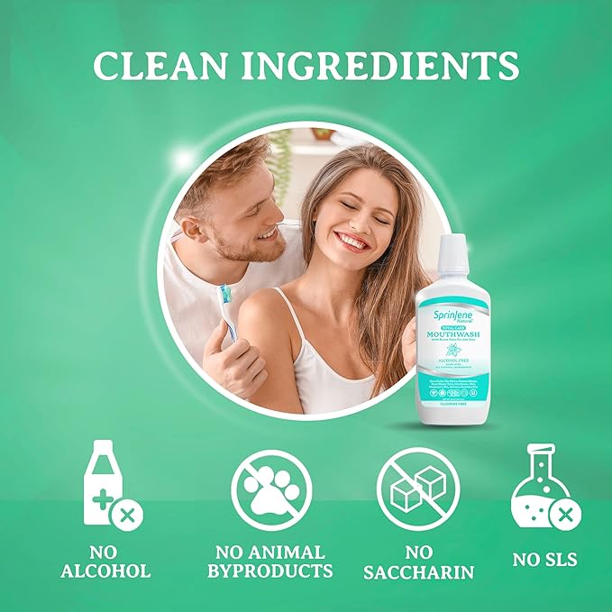 SprinJene Natural Sensitivity Relief, Fluoride Toothpaste for Sensitive Teeth & Gum (4 Pack) + Fluoride Free Mouthwash with Natural Ingredients